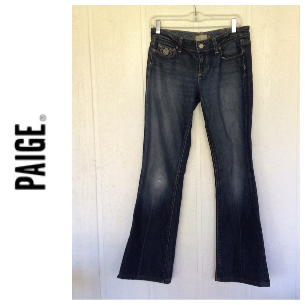 PAIGE LAUREL CANYON MID RISE FLARE EMBROIDERED JEANS S…